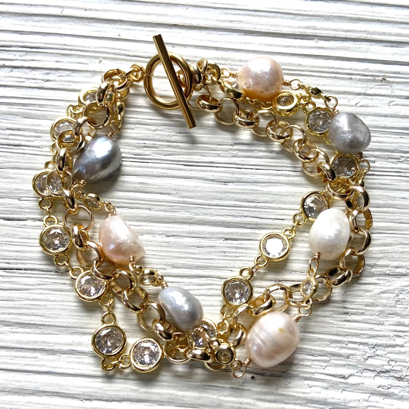 Triple Strand Baroque Pearl & Crystal Bracelet