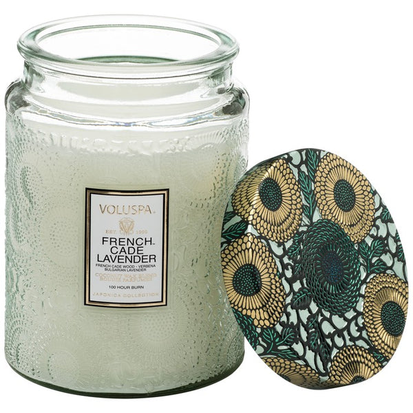 French Cade Lavender Large Embossed Glass Jar Candle