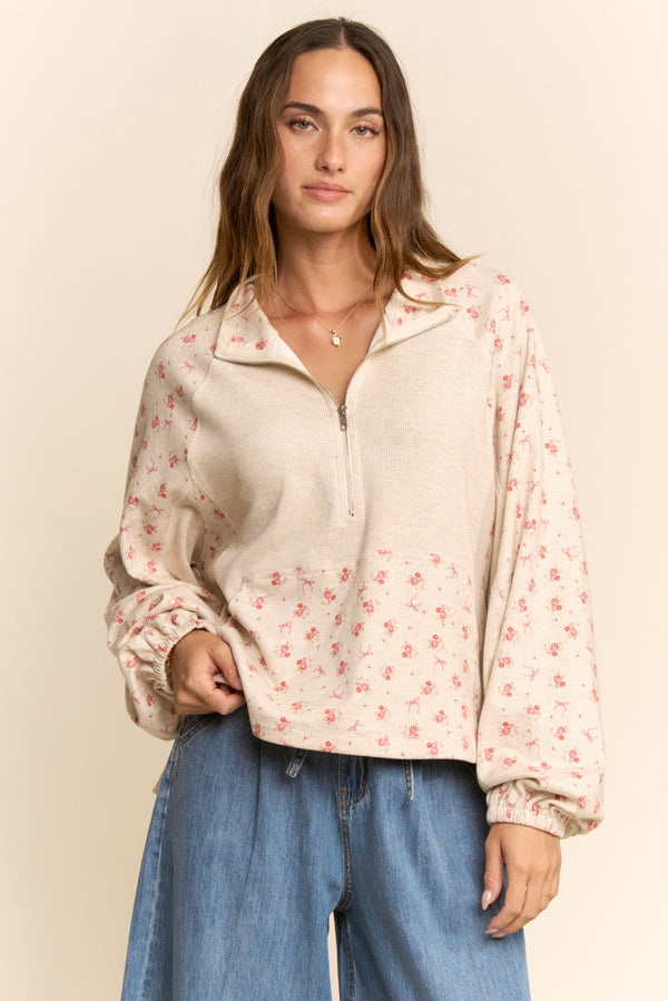 Floral Half Zip Pullover Top