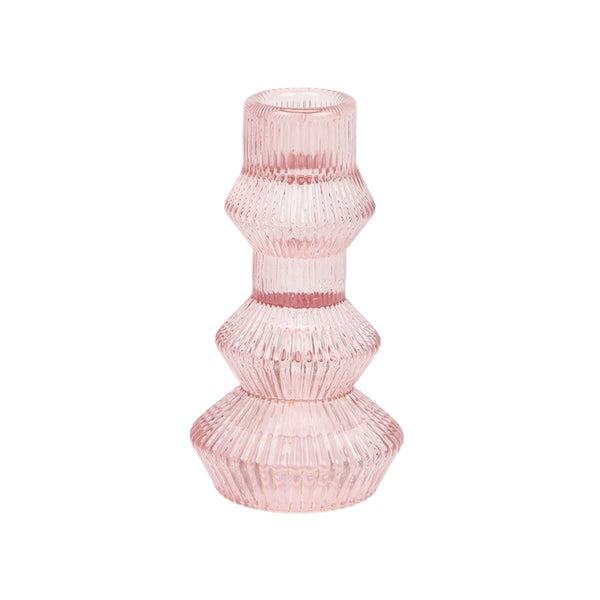 Tall Ribbed Glass Candlestick Holder