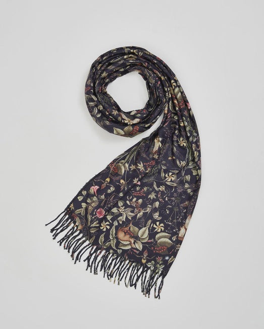 Fable Wolf Garden Navy Scarf with Tassels