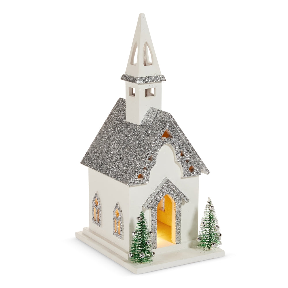 Lighted White Church W/ Silver Glitter