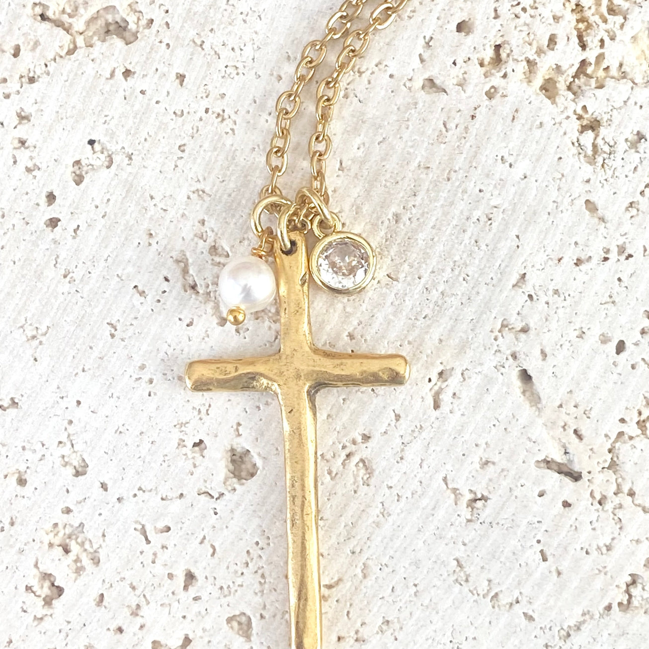 Cross Rustic Peal Necklace