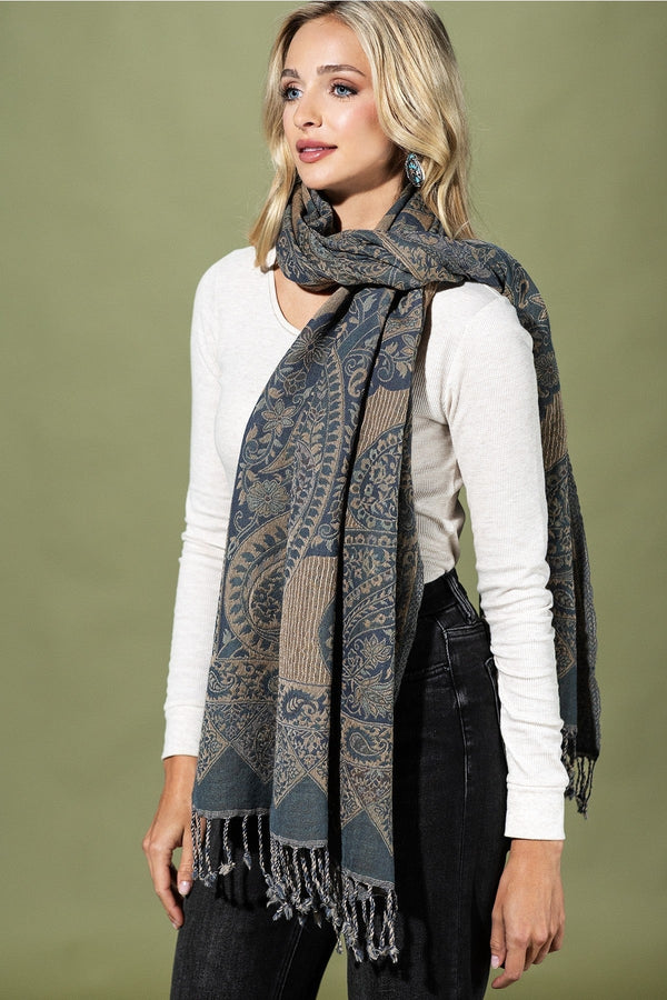 100% WOOL PATTERNED TAUPE DENIM SCARF