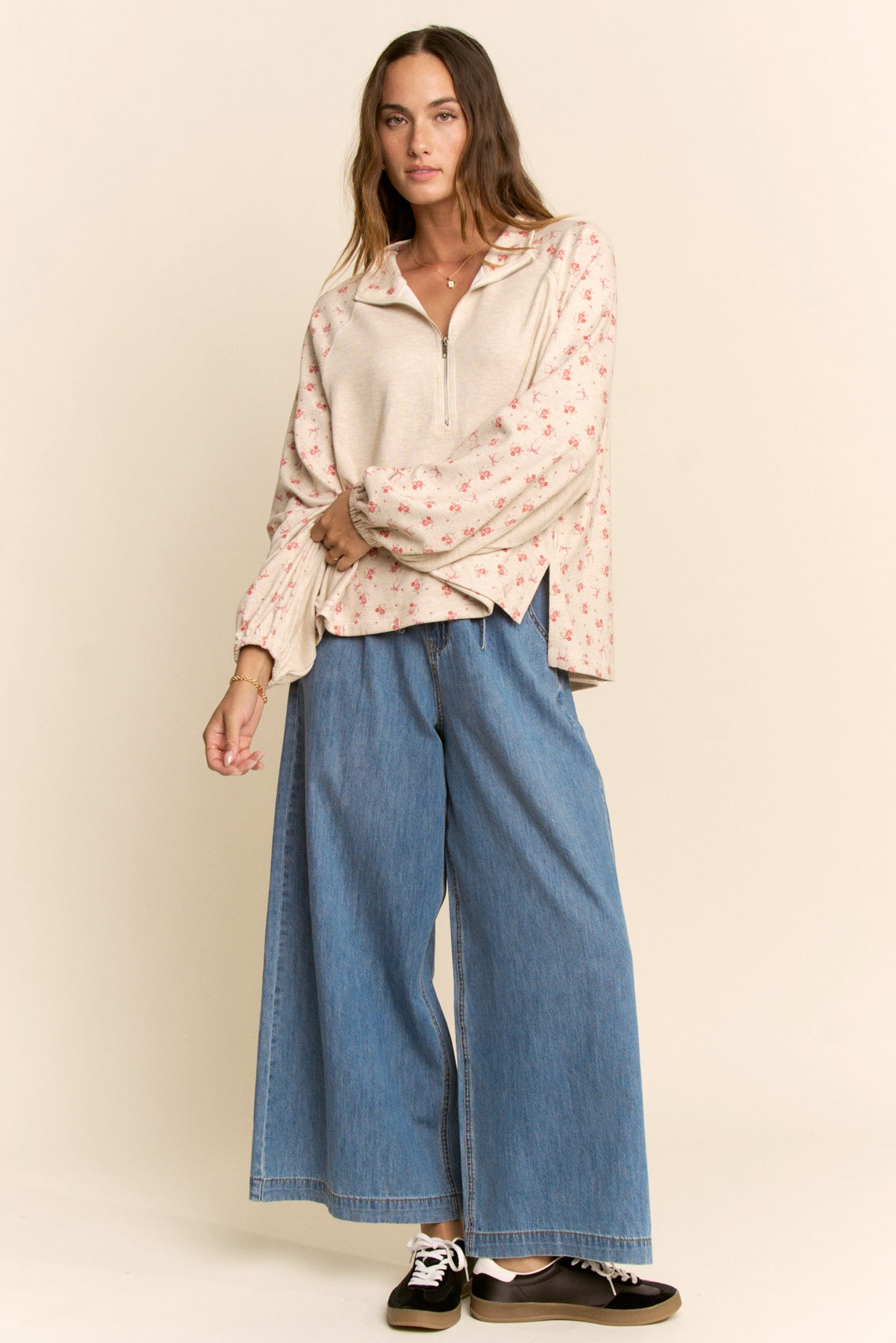 Floral Half Zip Pullover Top