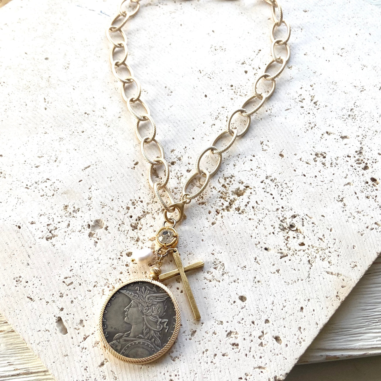 Chunky Coin Matte Cross Necklace