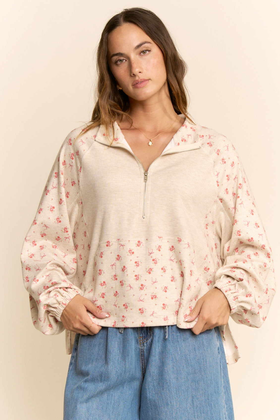 Floral Half Zip Pullover Top