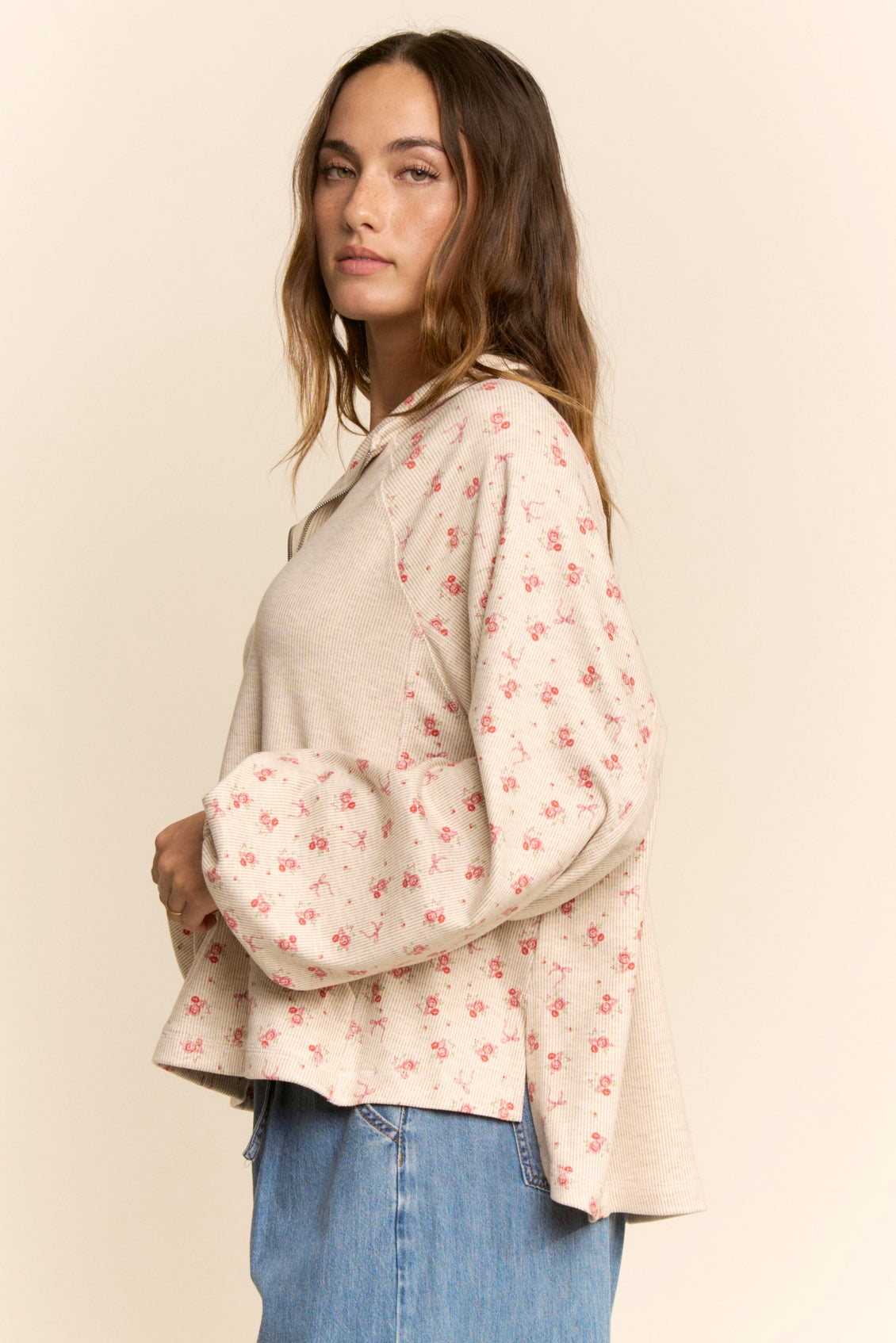 Floral Half Zip Pullover Top