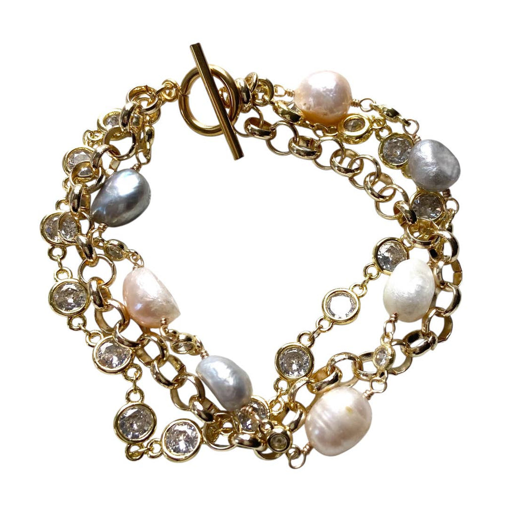 Triple Strand Baroque Pearl & Crystal Bracelet