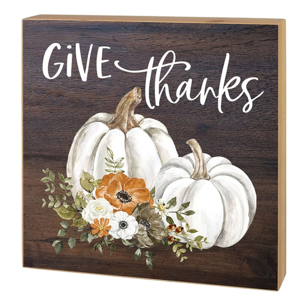 Give Thanks White Pumpkins Block Sign