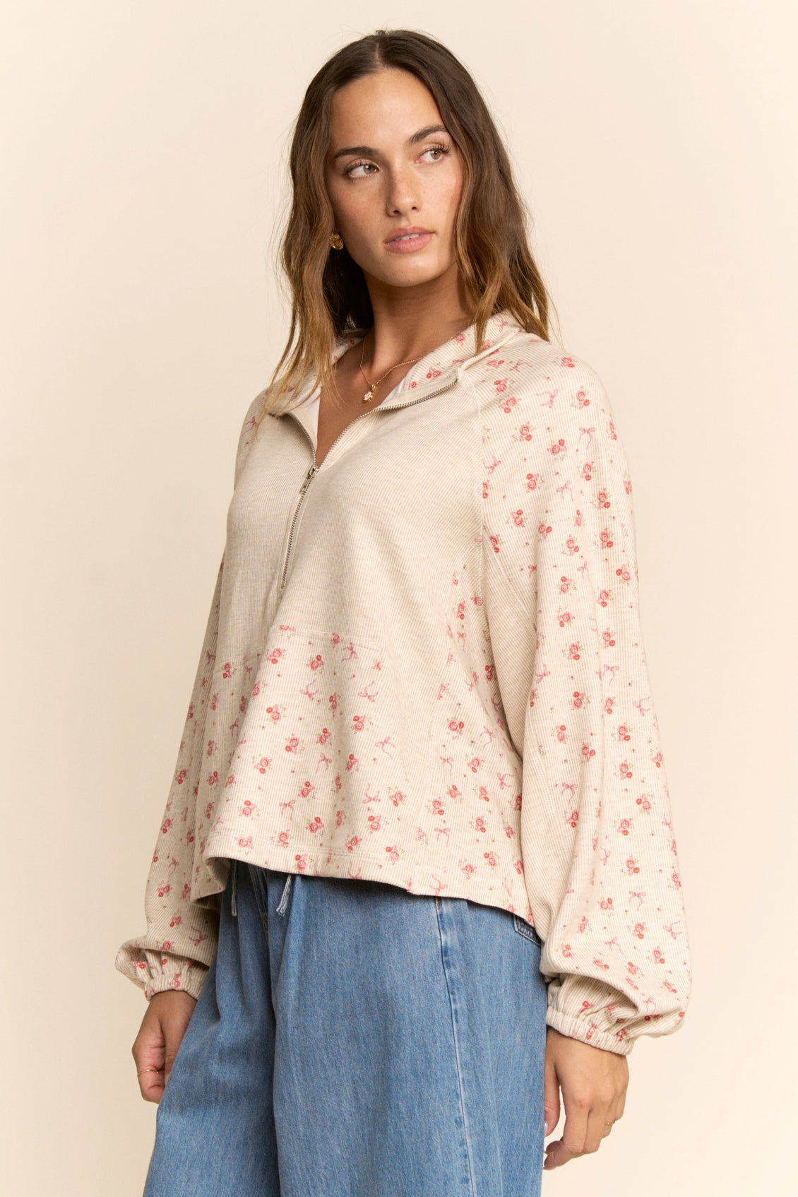 Floral Half Zip Pullover Top