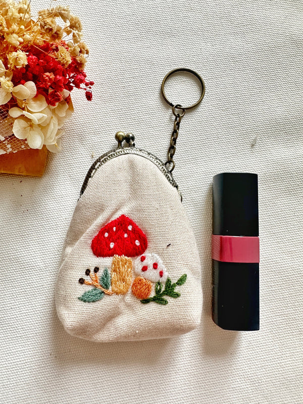 Mushroom Garden Floral Embroidered Keychain Pouch