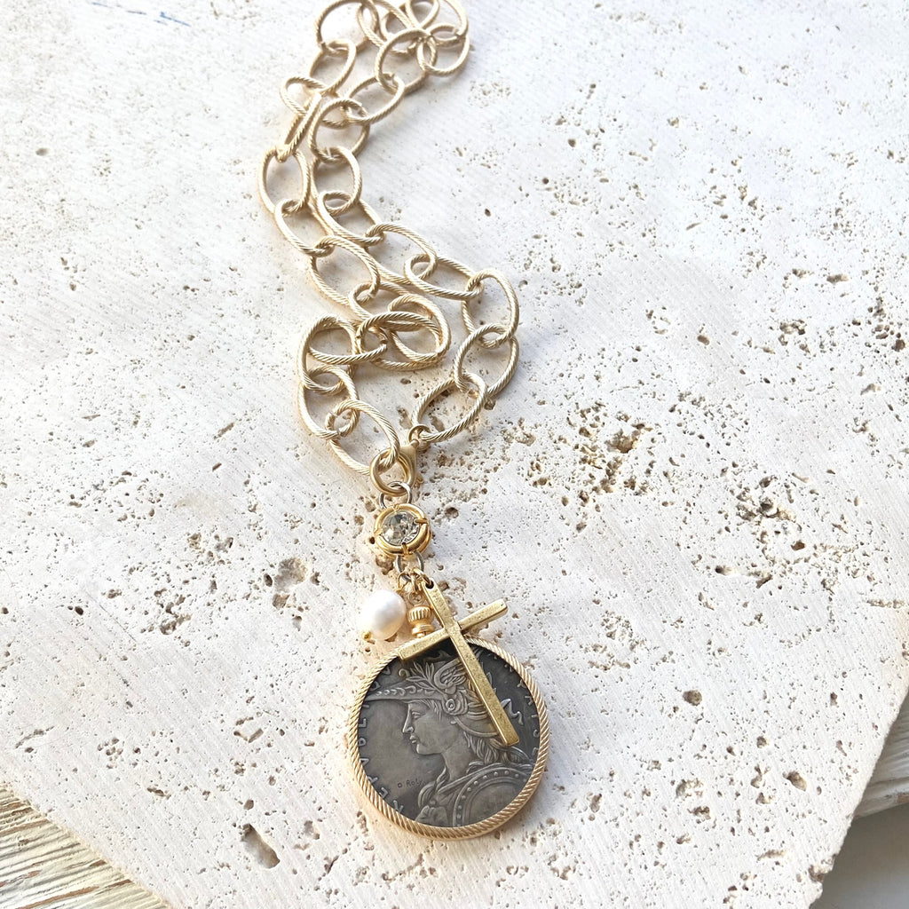 Chunky Coin Matte Cross Necklace