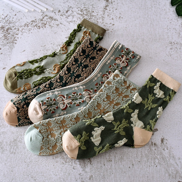 GREEN FLORAL VINTAGE CREW SOCKS