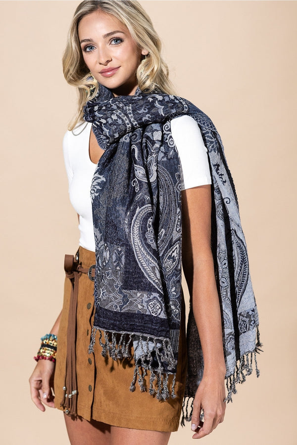100% WOOL PATTERNED BLUE DENIM SCARF