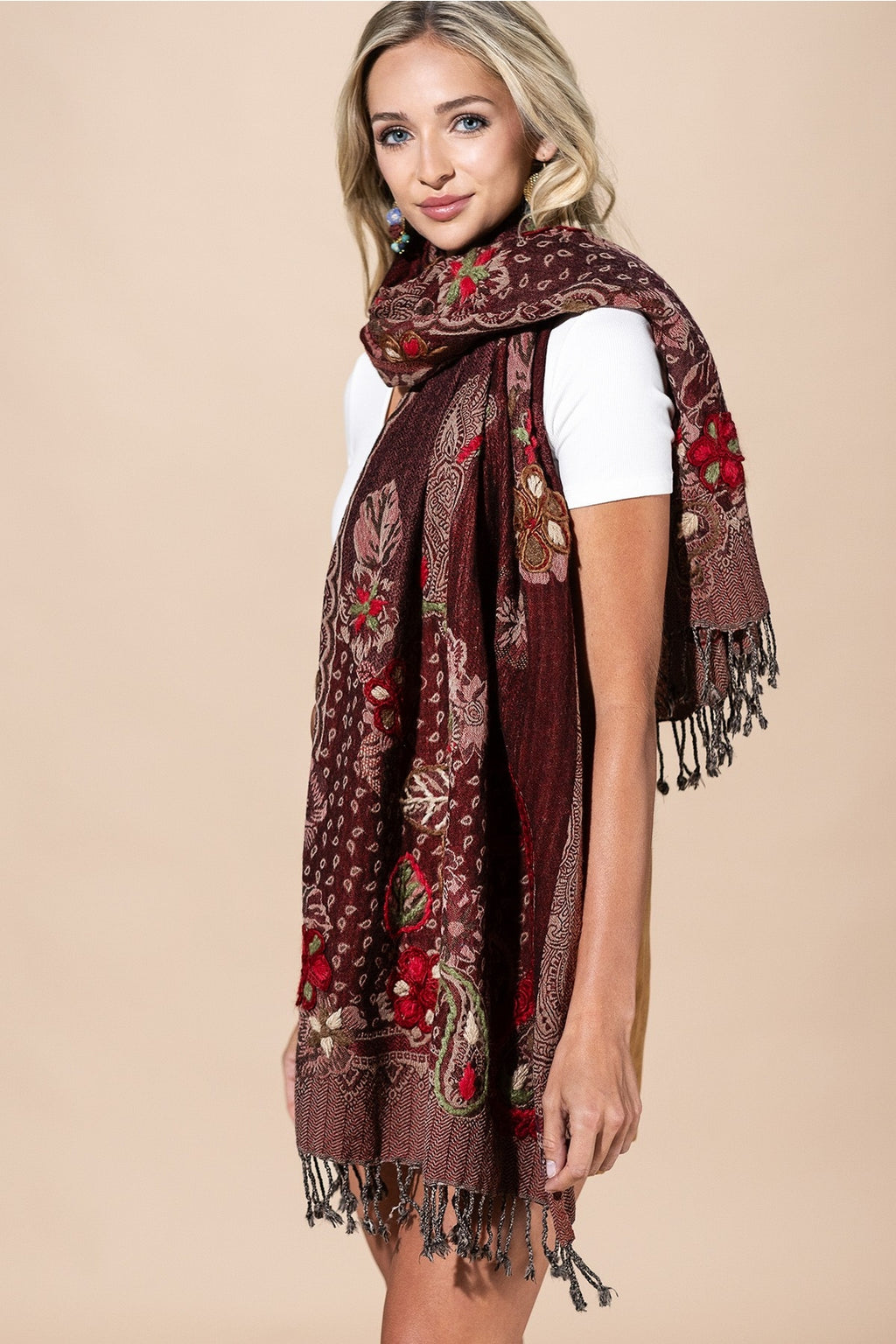 100% WOOL INTRICATE CABERNET SCARF