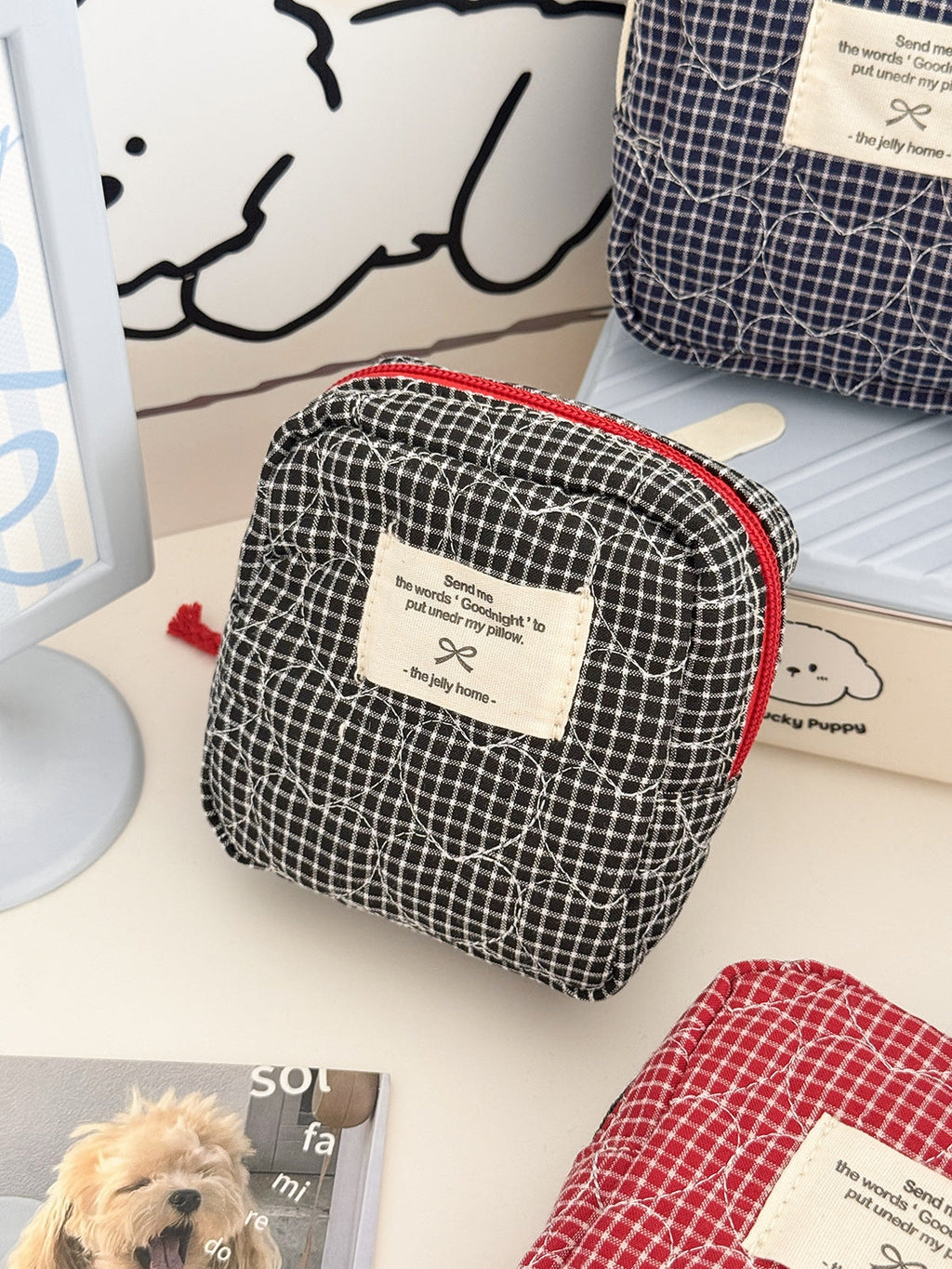 Color Blocked Heart Plaid Quilted Makeup Bag