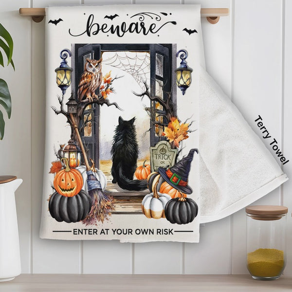 Halloween Beware Black Cat Pumpkins Kitchen Terry Towel