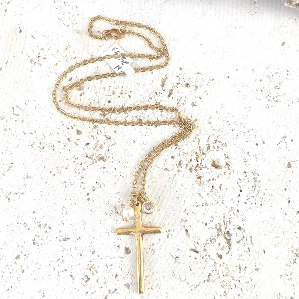 Cross Rustic Peal Necklace