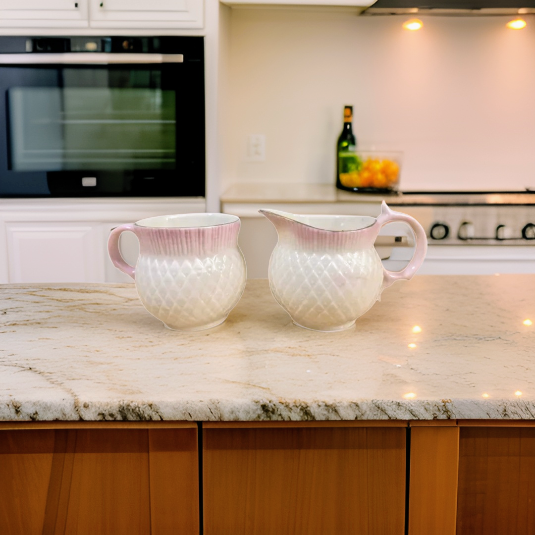 Belleek Pink Blush Thistle Pattern Tea Cup & Creamer