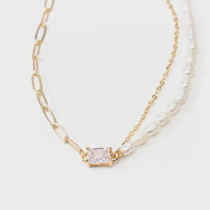 CZ Fresh Water Pearl Chain Link Necklace