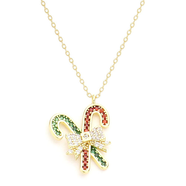 Gold Dipped CZ Bow Candy Cane Pendant Necklace
