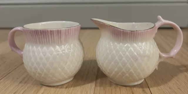 Belleek Pink Blush Thistle Pattern Tea Cup & Creamer
