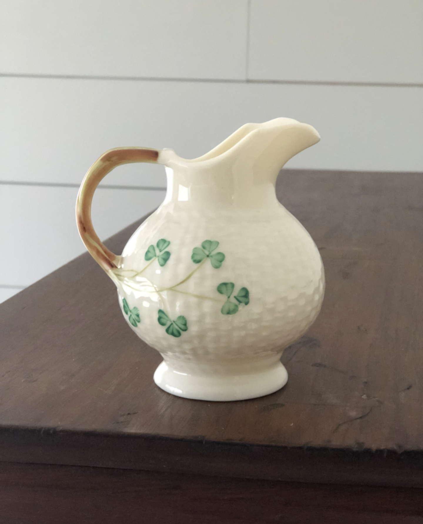 Belleek Ireland Basket Weave Shamrock Creamer