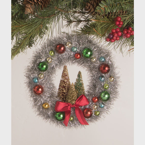 Merry & Bright Tinsel Wreath W/ Bottle Brush Trees